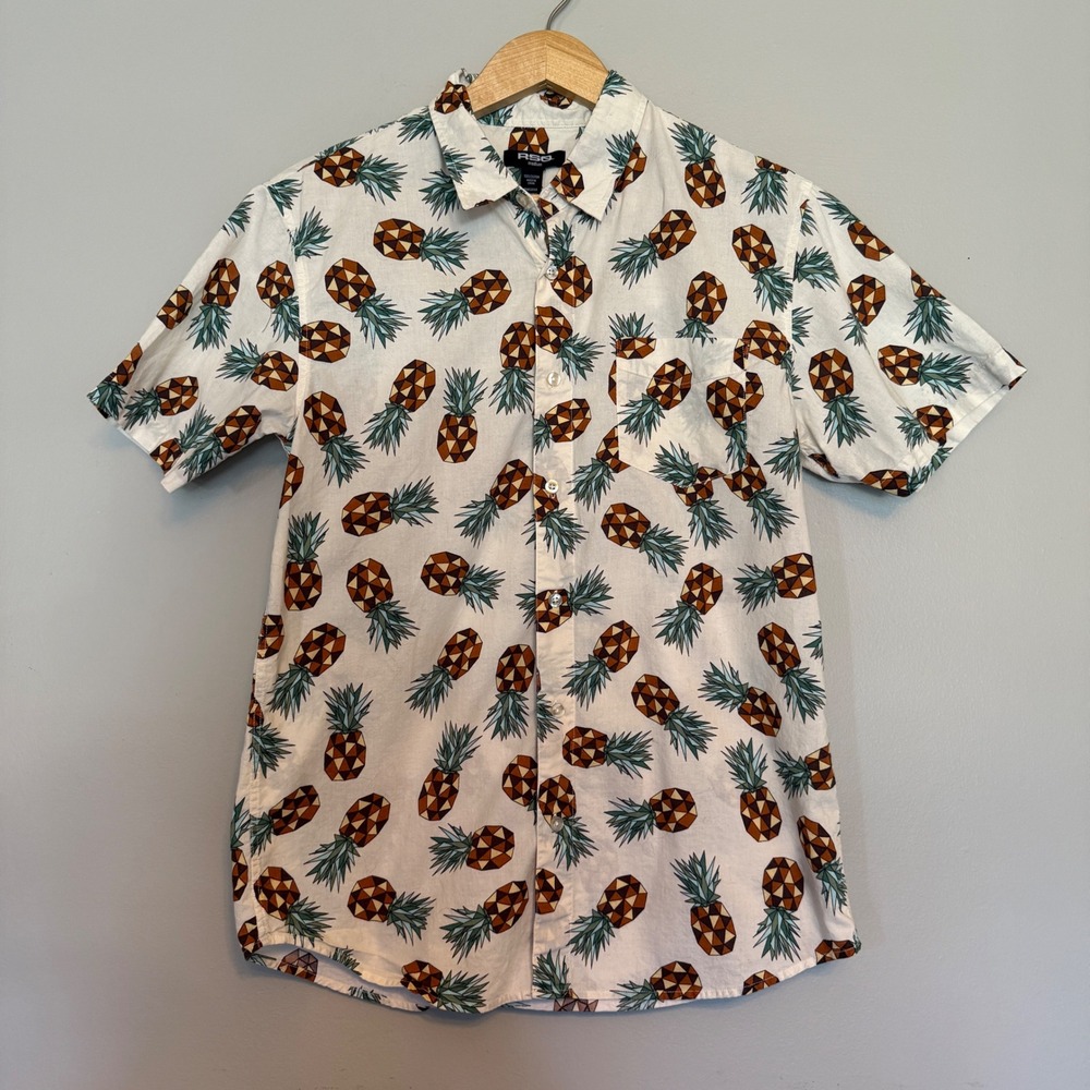 RSQ Mens Geometric Pineapple Print Short Sleeve Button Down Shirt‎ White Medium